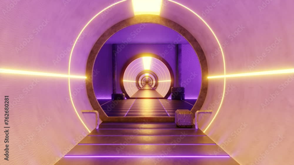 Poster 3d animation of futuristic tunnel sci-fi spaceship corridor with color neon light