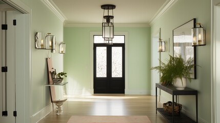 Entry hall with pale mint green walls and black metal and glass light fixtures.