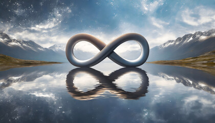 An infinite symbol reflected in the water, representing eternal and infinite possibilities - obrazy, fototapety, plakaty