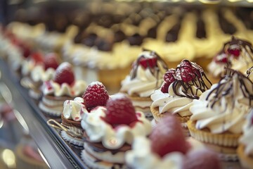 Bakery Masterpieces: Detailed View of Desserts in Display Case