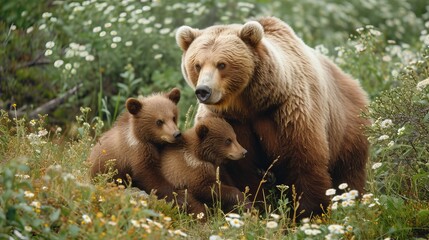 Fototapeta premium Mother Kodiak Bear with Cubs