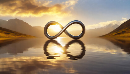 An infinite symbol reflected in the water, representing eternal and infinite possibilities - obrazy, fototapety, plakaty