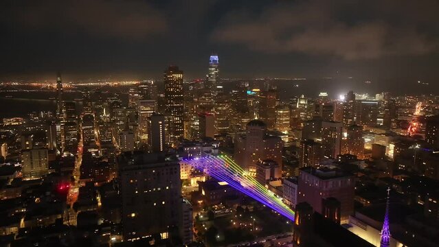 Aerial video of the city of San Francisco at night. USA