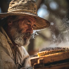 A beekeeper using smoke to calmly interact with the bees during a hive inspection, a technique passed down through generations, capturing the blend of tradition and science in beekeeping