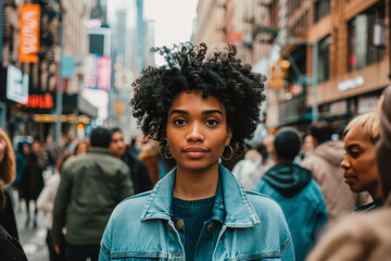 Confident and Composed: Young Woman in a Busy Urban Environment. Amidst the bustling city life, she stands out with her calm demeanor and distinctive style