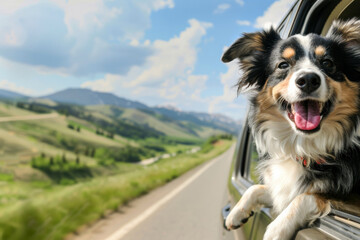 Joyful Journey: Happy Dog Enjoying a Road Trip Adventure. With ears flapping and tongue out, the dog savors the fresh air against a scenic mountain backdrop - obrazy, fototapety, plakaty
