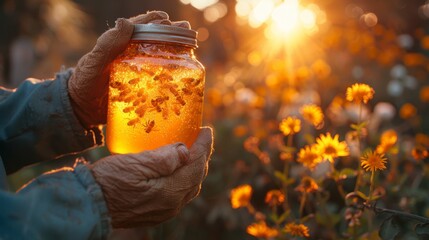 A beekeepers weathered hands holding a jar of honey up to the light, the sun illuminating the amber liquid and revealing the intricate patterns of air bubbles trapped inside, a testament - obrazy, fototapety, plakaty