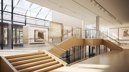 Glass atrium in art museum with blond oak finishes and black metal railings. - obrazy, fototapety, plakaty