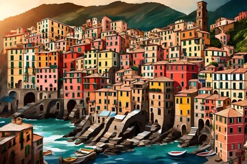 An artistic composition of Vernazza village, with its iconic tower and terraced houses, beautifully rendered in 4K resolution for a lifelike experience