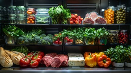 A chefs refrigerator, meticulously arranged with sections for various types of fresh produce, cheese, and lean meats, as they select the perfect ingredients for a balanced gourmet meal - obrazy, fototapety, plakaty
