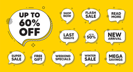 Offer speech bubble icons. Up to 60 percent off sale. Discount offer price sign. Special offer symbol. Save 60 percentages. Discount tag chat offer. Speech bubble discount banner. Vector