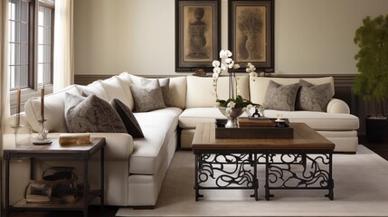 Great room with ivory linen sectional and wrought iron scroll media console.