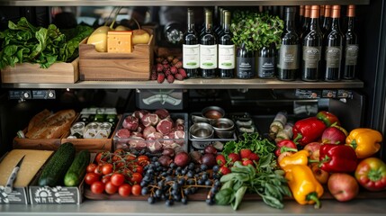 A chefs refrigerator, meticulously arranged with sections for various types of fresh produce,...