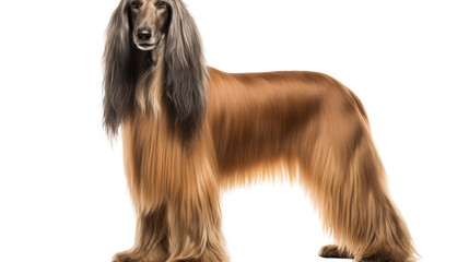 A majestic dog with long hair stands gracefully against a plain white backdrop
