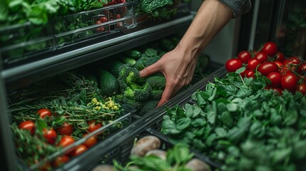 A close-up of a fridge door opening, revealing neatly organized sections of fresh produce, whole grains, and low-fat dairy options, with a persons hand reaching for a bundle of spinach - Powered by Adobe