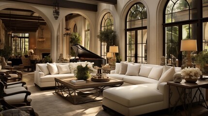 Great room with ivory linen sofas and wrought iron and glass c-tables.