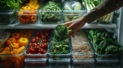 Foto op Plexiglas anti-reflex A close-up of a fridge door opening, revealing neatly organized sections of fresh produce, whole grains, and low-fat dairy options, with a persons hand reaching for a bundle of spinach © Алексей Василюк