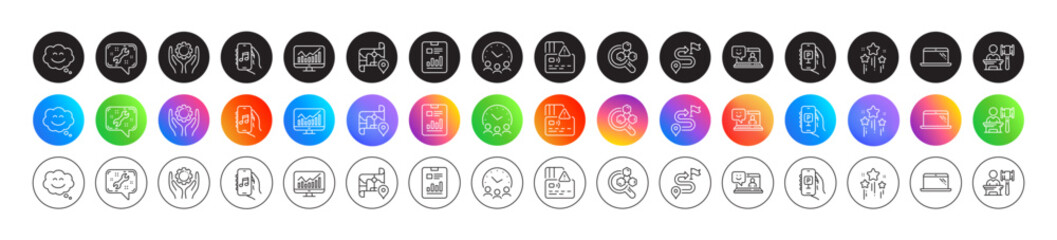 Smile chat, Employee hand and Spanner line icons. Round icon gradient buttons. Pack of Card, Map, Auction icon. Stars, Music app, Journey pictogram. Smile, Report document, Parking app. Vector