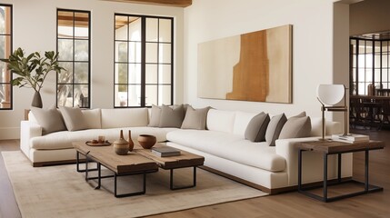 Great room with linen sectional and burnished bronze wrought iron console.