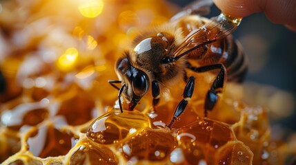 A close-up of droplets of fresh honey being tasted by a beekeeper, the golden liquid stretching from the honey dipper to their smiling lips, capturing the sweet reward of their labor
