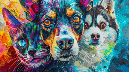 Colorful Abstract Pop Art Collage of Dog, Cat, and Husky
