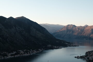Bay of Kotor and city Montenegro UNESCO World Heritage Site Panoramic view overlooking mountains bay and old town