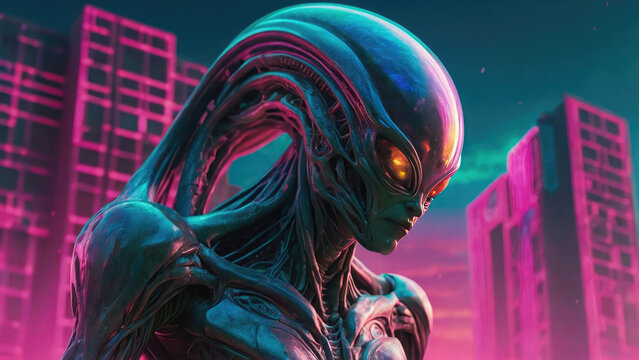fantastic image of an alien in neon colors