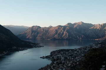 Bay of Kotor and city Montenegro UNESCO World Heritage Site Panoramic view overlooking mountains bay and old town