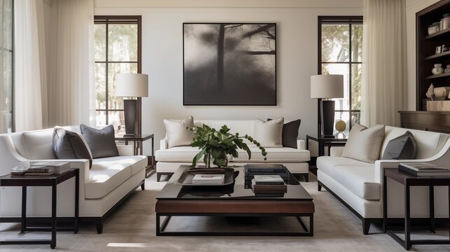 Great room with white sofas and oil-rubbed bronze and glass accent tables.