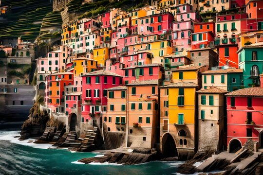 A high-resolution close-up of the colorful houses that line the cliffside of Vernazza village. The image captures the unique architectural details and vibrant colors that make this 