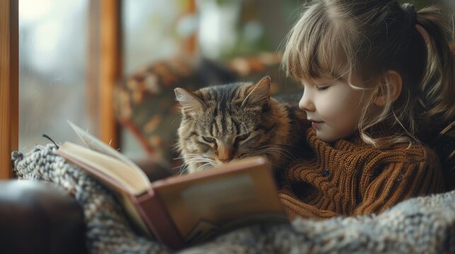 A cozy living room scene where a young child reads a storybook aloud to an attentive tabby cat curled up beside them on a plush armchair, the gentle afternoon light streaming through the window