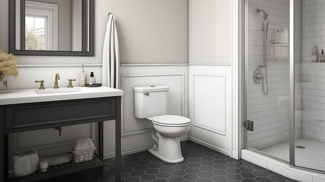 Guest bathroom in white with charcoal gray porcelain hexagon mosaic floors.