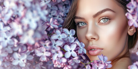 Naklejka premium Portrait of Beauty Amidst Lilac Blossoms. An enchanting portrait of a young woman surrounded by delicate lilac flowers.