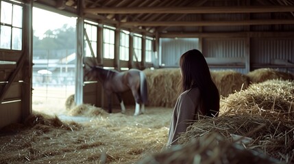 Asian woman in horse stable