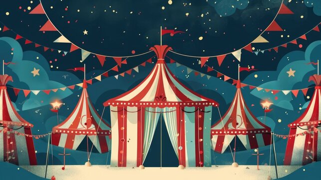 watercolor illustration, World Circus Day, mobile circus dome on the background of the night sky, stars and moon, traveling artists, vintage style