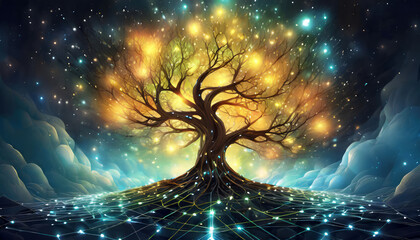 Digital Illustration of Glowing Tree on Network