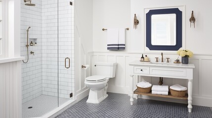 Fototapeta na wymiar Guest bathroom with white shiplap and navy blue octagonal mosaic floor.