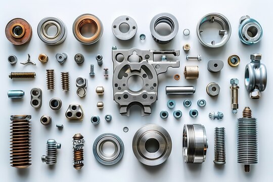 flying metal parts, bolts, nuts, tubes, engines, chrome parts, monochrome image, white background. replacement tools