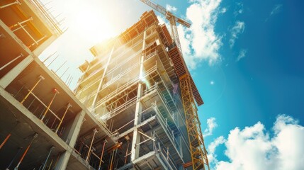 Witness urban growth with our vibrant image capturing a construction site under the sun, showcasing the progress of an unfinished building - obrazy, fototapety, plakaty