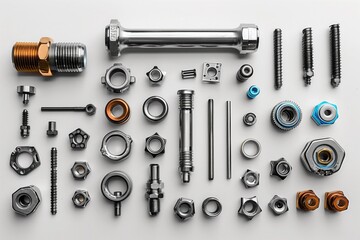 Fototapeta premium flying metal parts, bolts, nuts, tubes, engines, chrome parts, construction tools
