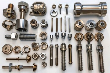 Obraz premium flying metal parts, bolts, nuts, tubes, engines, chrome parts, construction tools