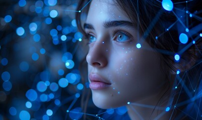 Human face on abstract dark background. Artificial intelligence, information, data, robot concept.