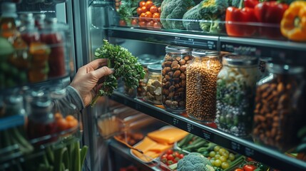 A fridge door opens to reveal a shelf dedicated to heart-healthy snacks: unsalted nuts, low-fat...