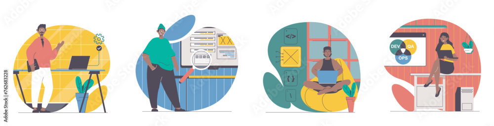 Poster devops concept with people scenes set in flat web design. bundle of character situations with men an