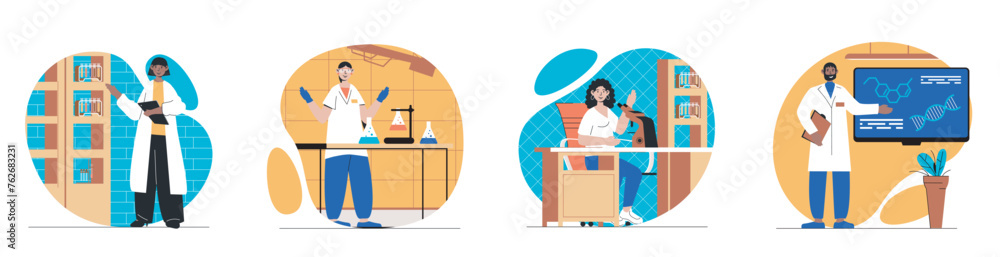 Poster laboratory concept with people scenes set in flat web design. bundle of character situations with sc