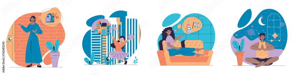 Poster dreaming people concept with scenes set in flat web design. bundle of character situations with wome