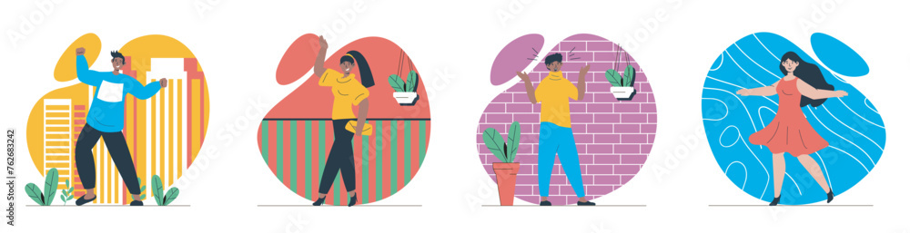 Aufkleber Gladness emotion concept with people scenes set in flat web design. Bundle of character situations with joy feeling and positive expression, celebrating success and achievement. Vector illustrations.