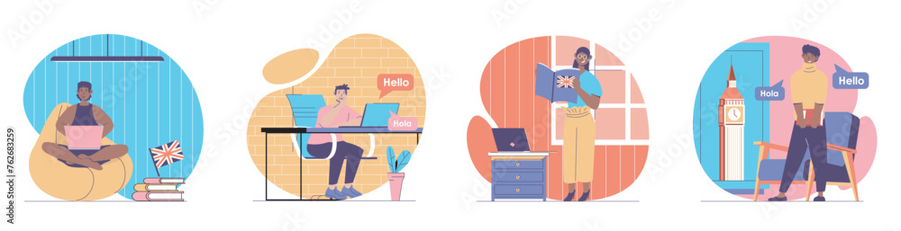 Leinwandbilder language courses concept with people scenes set in flat web design. bundle of character situations w