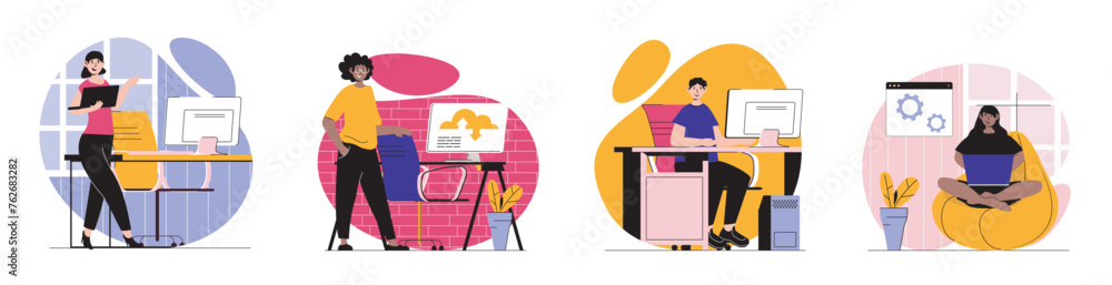 Aufkleber saas concept with people scenes set in flat web design. bundle of character situations with clients 