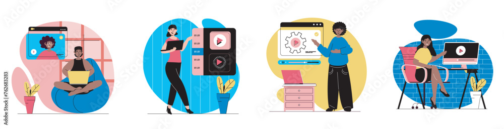 Poster video tutorial concept with people scenes set in flat web design. bundle of character situations wit